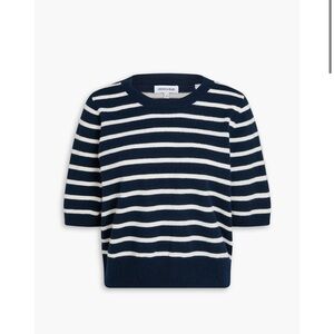 Veronica Beard Shana Navy and White Striped Short Sleeve 100% Cashmere Sweater